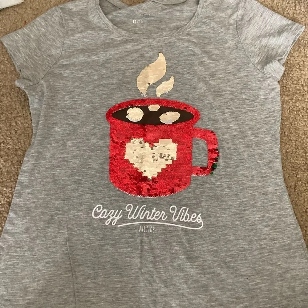 Girls Justice Hot Cocoa Cozy Winter Vibes Sequin Tshirt